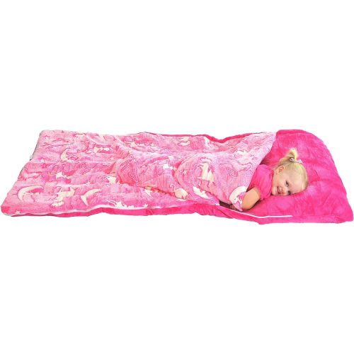  [아마존베스트]DreamsBe Unicorn Sleeping Bag Glow in The Dark Fairy Slumber Bag for Girls - Plush Glowing Girly Nap Mat for Kids- Luminescent Pink Large 66in x 30in Warm Durable Sleeping Blanket Pad for G