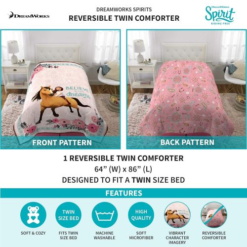  Dreamworks Spirit Riding Free Kids Bedding Super Soft Microfiber Reversible Comforter, Twin Size 64” x 86”, White/Pink