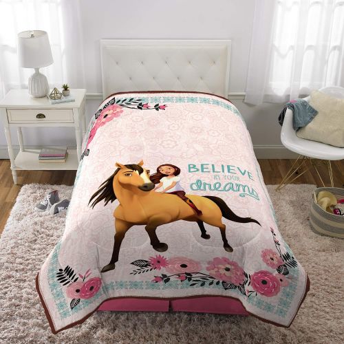  Dreamworks Spirit Riding Free Kids Bedding Super Soft Microfiber Reversible Comforter, Twin Size 64” x 86”, White/Pink