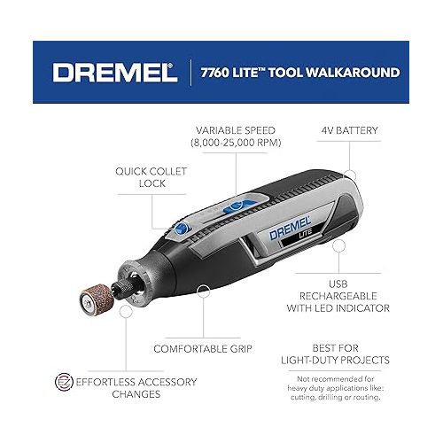  Dremel Lite 7760 N/10 4V Li-Ion Cordless Rotary Tool Variable Speed Multi-Purpose Rotary Tool Kit, USB Charging, Easy Accessory Changes - Perfect For Light-Duty DIY & Crafting