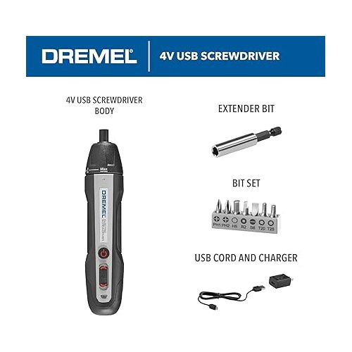  Dremel 4V Cordless Screwdriver Kit with 6 Power Settings and Smart Stop Technology, Includes 7 Screwdriver Bits, 1 Bit Extender, USB Cable and Power Adapter, HSES-01