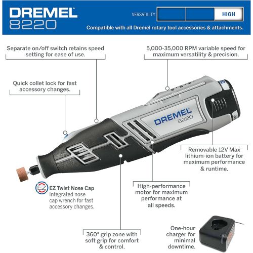  [아마존베스트]Dremel 8220-1/28 12-Volt Max Cordless Rotary Tool Kit- Engraver, Sander, and Polisher- Perfect for Cutting, Wood Carving, Engraving, Polishing, and Detail Sanding- 1 Attachment & 2