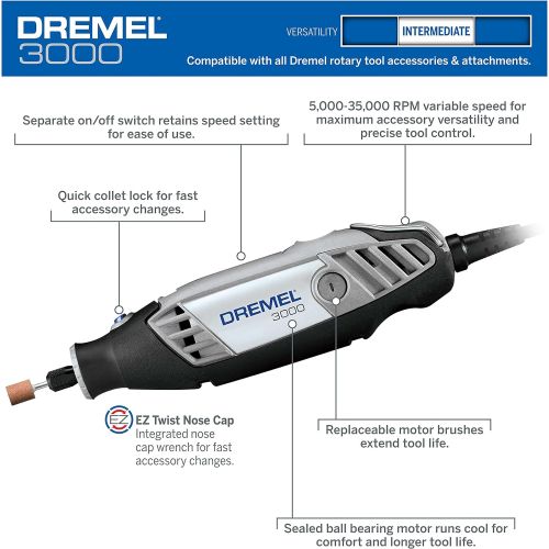  [아마존베스트]BOSCH Dremel 3000-1/25 Variable Speed Rotary Tool Kit- 1 Attachment and 25 Accessories- Grinder, Mini Sander, Polisher, Router, and Engraver- Perfect for Routing, Metal Cutting, Wood Car
