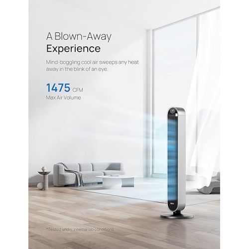  Dreo 120° Oscillating Tower Fan, 42 Inch Bladeless Fan for Bedroom, 25dB Quiet DC Motor, Standing Fan with Remote, 12 Hyper Wind Speeds, 4 Modes, 12H Timer Floor Fans for Home, Living Room, Office