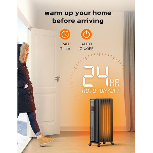  Dreo Radiator Heater, Upgrade 1500W Electric Portable Space Oil Filled Heater with Remote Control, 4 Modes, Overheat & Tip-Over Protection, 24h Timer, Digital Thermostat, Quiet, In