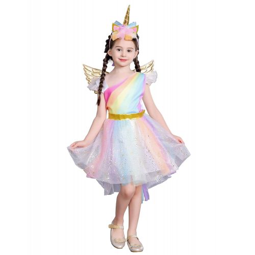  Dressy Daisy Girls Dress Up Costume Unicorn Rainbow Princess Dresses w/Hair Hoop Wing