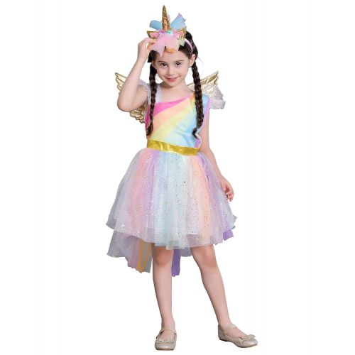  Dressy Daisy Girls Dress Up Costume Unicorn Rainbow Princess Dresses w/Hair Hoop Wing