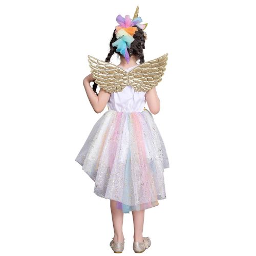  Dressy Daisy Girls Dress Up Costume Unicorn Rainbow Princess Dresses w/Hair Hoop Wing