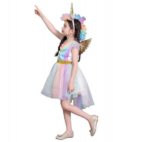  Dressy Daisy Girls Dress Up Costume Unicorn Rainbow Princess Dresses w/Hair Hoop Wing