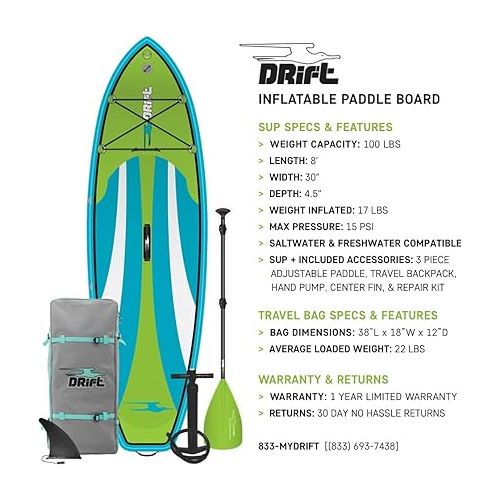  Drift Kid's Inflatable Stand Up Paddle Board, SUP with Adjustable Aluminum Paddle & Backpack Travel Bag