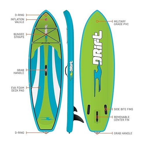  Drift Kid's Inflatable Stand Up Paddle Board, SUP with Adjustable Aluminum Paddle & Backpack Travel Bag