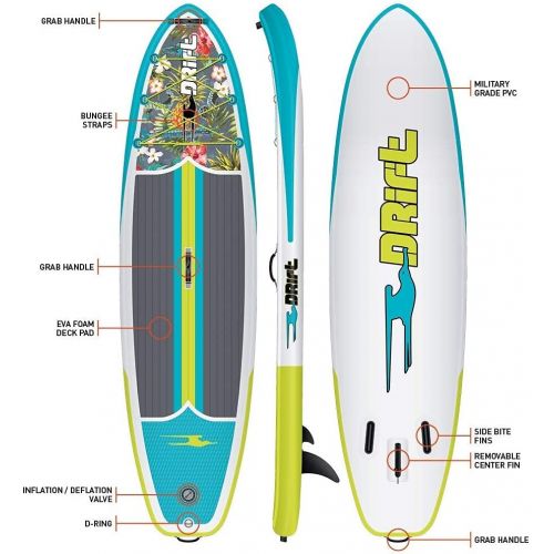  Drift Inflatable Stand Up Paddle Board, SUP with Paddle, Backpack Travel Bag, Pump, Fin, & Coiled Leash