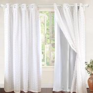 DriftAway Lily White Pinch Pleated Voile Sheer & Blackout Curtain Liner, Embroidered with Pom Pom, ONE Panel, Two Layer Grommet Curtain for KidsNursery Room, 52x84 (BlackoutSoft