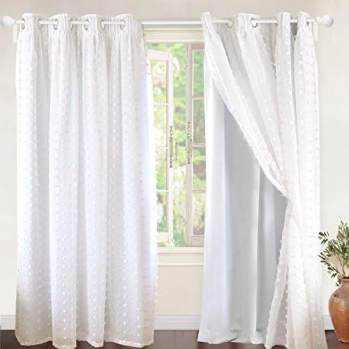  DriftAway Lily White Pinch Pleated Voile Sheer & Blackout Curtain Liner, Embroidered with Pom Pom, ONE Panel, Two Layer Grommet Curtain for KidsNursery Room, 52x84 (BlackoutSoft