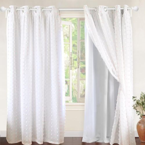  DriftAway Lily White Pinch Pleated Voile Sheer & Blackout Curtain Liner, Embroidered with Pom Pom, ONE Panel, Two Layer Grommet Curtain for KidsNursery Room, 52x84 (BlackoutSoft