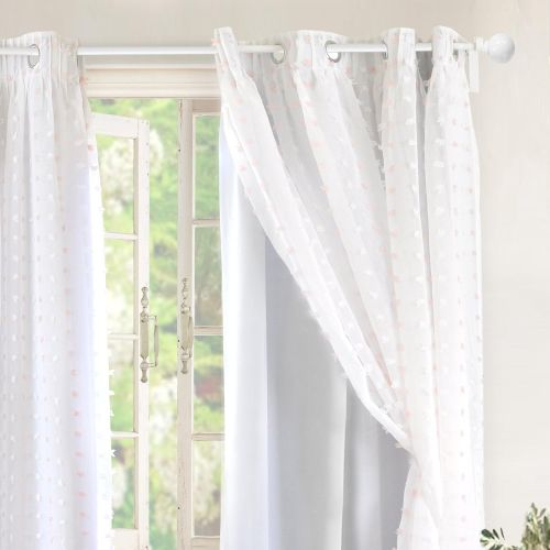  DriftAway Lily White Pinch Pleated Voile Sheer & Blackout Curtain Liner, Embroidered with Pom Pom, ONE Panel, Two Layer Grommet Curtain for KidsNursery Room, 52x84 (BlackoutSoft