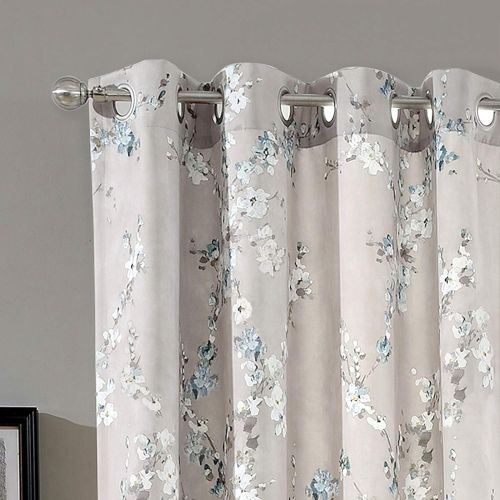  DriftAway Mackenzie ThermalRoom Darkening Grommet Unlined Window Curtains, Blossom Floral Pattern, Living Room, Bedroom, Energy Efficient, Set of Two Panels (BlueGray, 52X84)