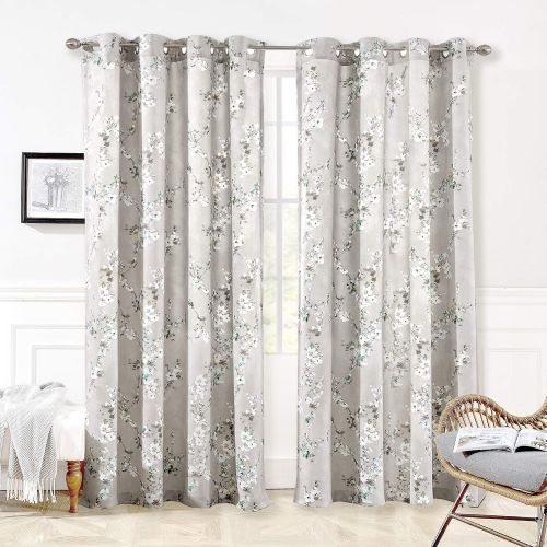  DriftAway Mackenzie ThermalRoom Darkening Grommet Unlined Window Curtains, Blossom Floral Pattern, Living Room, Bedroom, Energy Efficient, Set of Two Panels (BlueGray, 52X84)