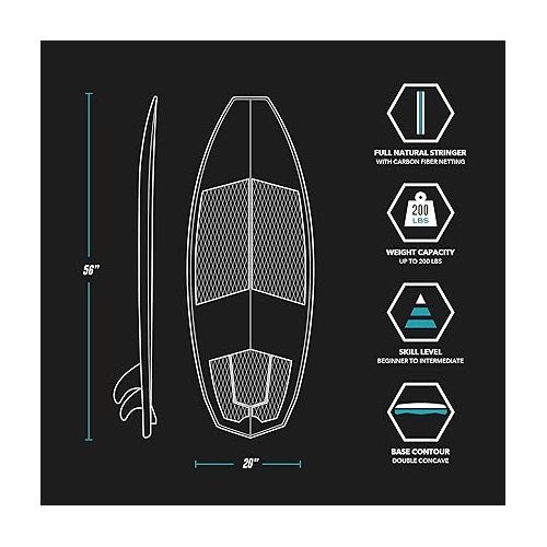  Driftsun Throwdown Wakesurf Board - Length Custom Surf Style Wakesurfer, Quad Fin Set Included 4'8