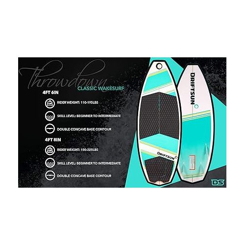  Driftsun Throwdown Wakesurf Board - Length Custom Surf Style Wakesurfer, Quad Fin Set Included 4'8