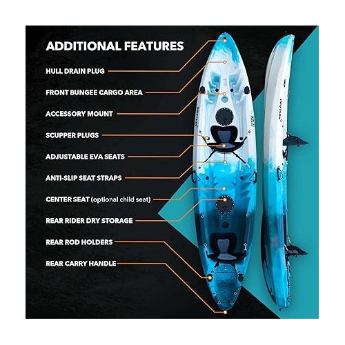  DRIFTSUN Teton 120 Hard Shell Kayak, 2 or 3 Person Sit On Top Fishing Kayak with 2 EVA Padded Seats, Includes 2 Aluminum Paddles and Fishing Rod Holder Mounts