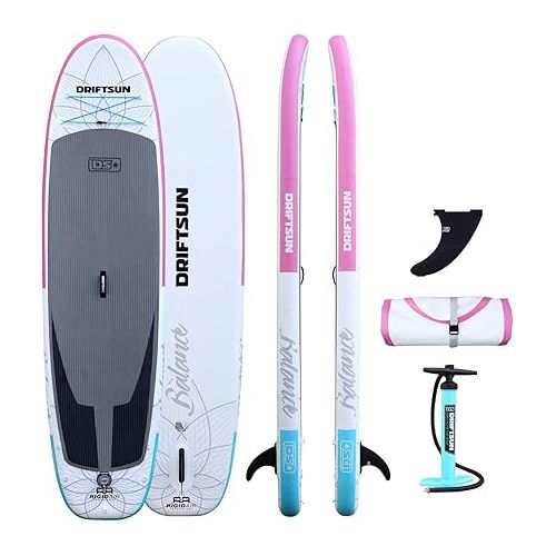  Driftsun 11 Foot Extra Wide Inflatable Stand Up Paddle Board Package with Rolling Travel Storage Backpack, Foldable Aluminum Pole, and More, Pink