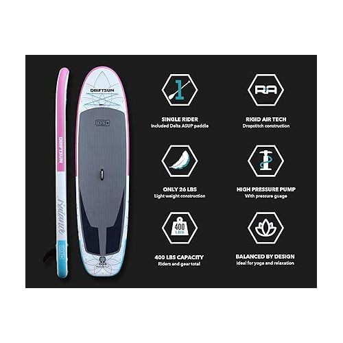  Driftsun 11 Foot Extra Wide Inflatable Stand Up Paddle Board Package with Rolling Travel Storage Backpack, Foldable Aluminum Pole, and More, Pink