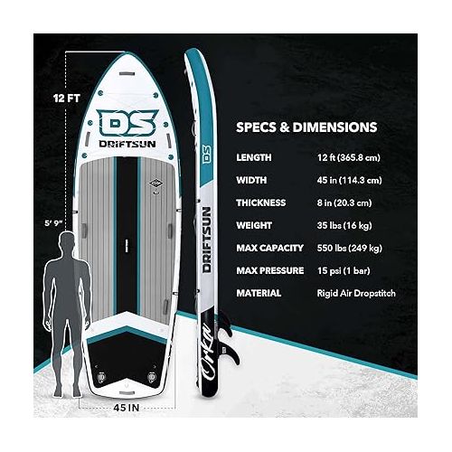  Driftsun Inflatable Paddle Board - 12ft x 45in Extra Wide Stand Up Paddle Boards for Adults, Inflatable Paddleboard, Blow Up SUP Package, Travel Backpack, Paddle, Hand Pump, Ankle Leash, Removable Fin