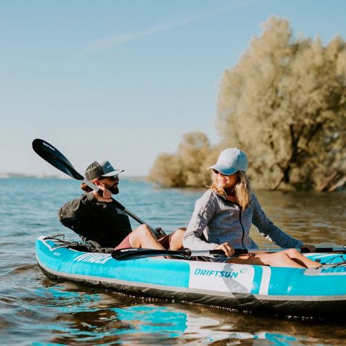  Driftsun Voyager Inflatable Kayak - 2 Person Tandem Kayak, Includes Aluminum Paddles, Padded Seats, Double Action Pump