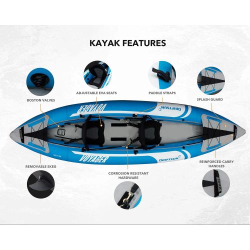  Driftsun Voyager Inflatable Kayak - 2 Person Tandem Kayak, Includes Aluminum Paddles, Padded Seats, Double Action Pump