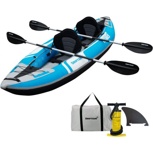  Driftsun Voyager Inflatable Kayak - 2 Person Tandem Kayak, Includes Aluminum Paddles, Padded Seats, Double Action Pump