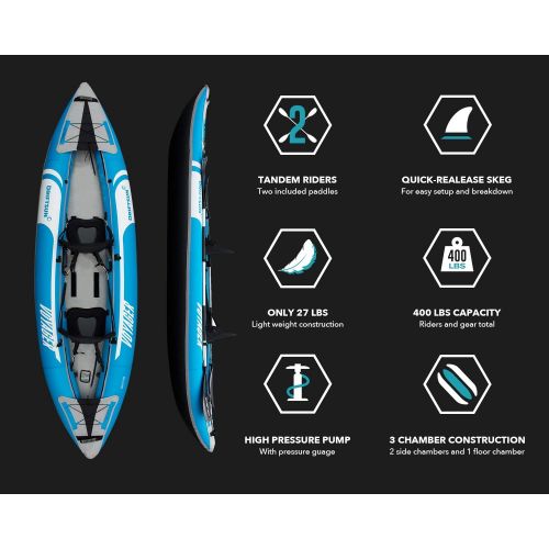  Driftsun Voyager Inflatable Kayak - 2 Person Tandem Kayak, Includes Aluminum Paddles, Padded Seats, Double Action Pump