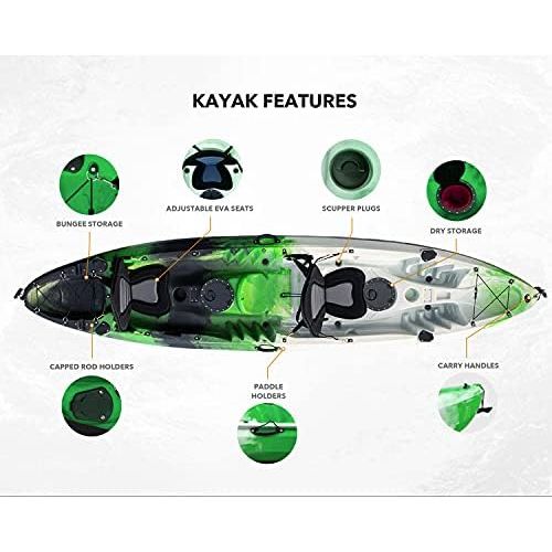  Driftsun Teton 120 Hard Shell Recreational Tandem Kayak, 2 or 3 Person Sit On Top Kayak Package with 2 EVA Padded Seats, Includes 2 Aluminum Paddles and Fishing Rod Holder Mounts