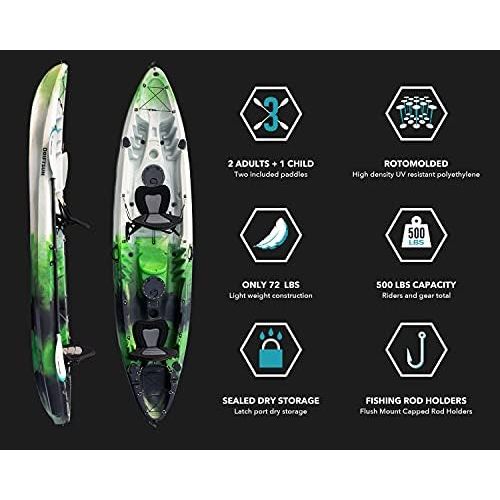  Driftsun Teton 120 Hard Shell Recreational Tandem Kayak, 2 or 3 Person Sit On Top Kayak Package with 2 EVA Padded Seats, Includes 2 Aluminum Paddles and Fishing Rod Holder Mounts