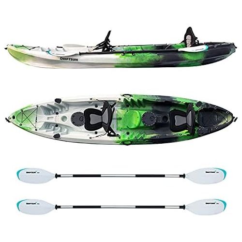  Driftsun Teton 120 Hard Shell Recreational Tandem Kayak, 2 or 3 Person Sit On Top Kayak Package with 2 EVA Padded Seats, Includes 2 Aluminum Paddles and Fishing Rod Holder Mounts