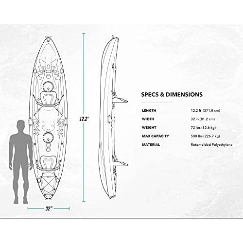  Driftsun Teton 120 Hard Shell Recreational Tandem Kayak, 2 or 3 Person Sit On Top Kayak Package with 2 EVA Padded Seats, Includes 2 Aluminum Paddles and Fishing Rod Holder Mounts