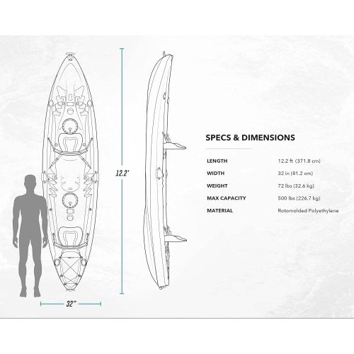  Driftsun Teton 120 Hard Shell Recreational Tandem Kayak, 2 or 3 Person Sit On Top Kayak Package with 2 EVA Padded Seats, Includes 2 Aluminum Paddles and Fishing Rod Holder Mounts