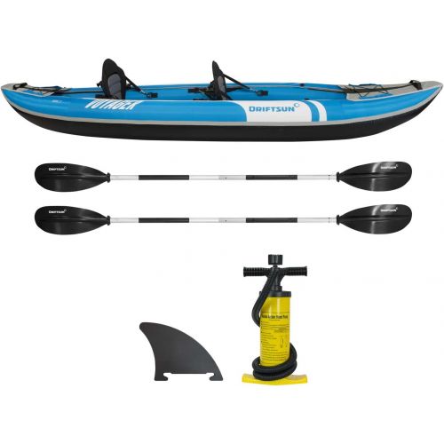  Driftsun Voyager Inflatable Kayak - 2 Person Tandem Kayak, Includes Aluminum Paddles, Padded Seats, Double Action Pump