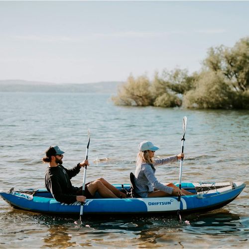  Driftsun Voyager Inflatable Kayak - 2 Person Tandem Kayak, Includes Aluminum Paddles, Padded Seats, Double Action Pump