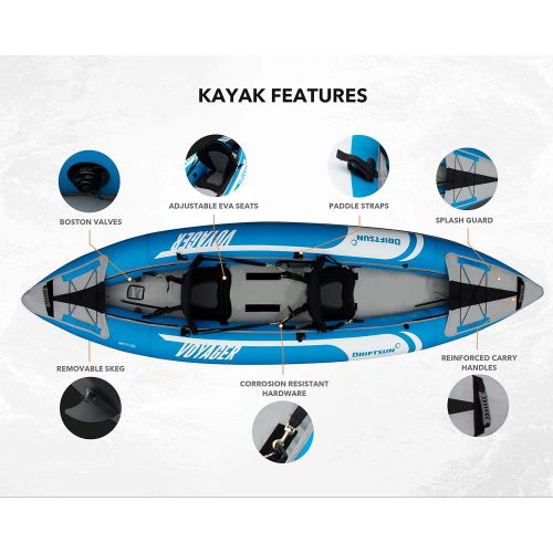  Driftsun Voyager Inflatable Kayak - 2 Person Tandem Kayak, Includes Aluminum Paddles, Padded Seats, Double Action Pump