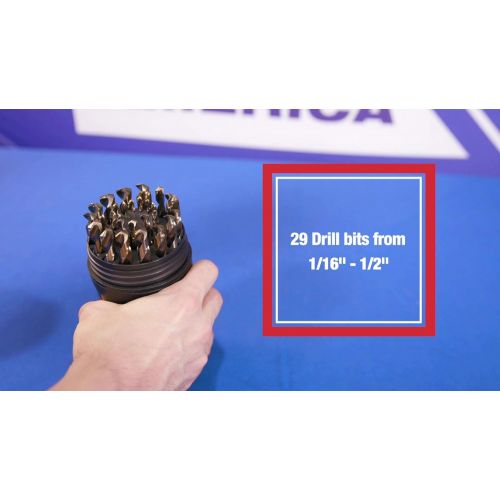  Drill America 29 Piece Cobalt Drill Bit Set in Round Plastic Case, M42 Cobalt, Gold Oxide with 135 Degree Split Point Tip, 116 to 12 x 64ths Increments