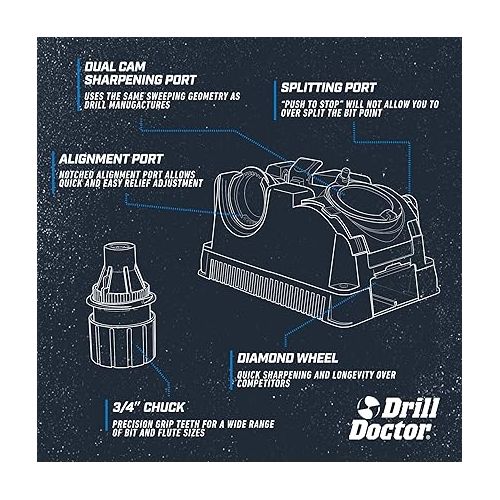  Drill Doctor - DD750X 750X Drill Bit Sharpener for High-Speed Steel, Masonry, Carbide, Cobalt, & TiN-coated Drill Bits, with Adjustable Angles from 115° to 140°, Sharpens 3/32in - 3/4in Drill Bits gray/black