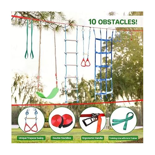  50FT Ninja Warrior Obstacle Course for Kids - Double Slacklines with 10 Most Complete Accessories for Kids, Swing, Trapeze Swing, Rope Ladder, Obstacle Net, 1.2M Arm Trainer