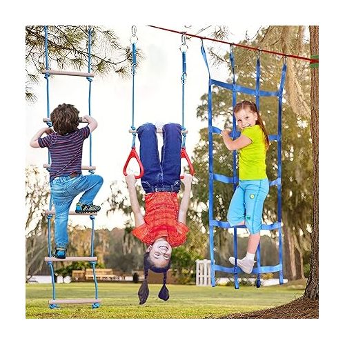  50FT Ninja Warrior Obstacle Course for Kids - Double Slacklines with 10 Most Complete Accessories for Kids, Swing, Trapeze Swing, Rope Ladder, Obstacle Net, 1.2M Arm Trainer