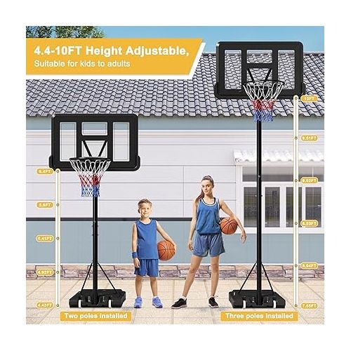  Dripex Basketball Hoop Outdoor 4.4-10FT Adjustable Height, Portable Baskebtall Goal System with 44 inch Shatterproof Backboard & Shock Absorbent Rim, Big Fillable Base for Adults Teenagers Kids