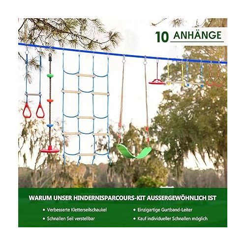  Dripex Ninja Warrior Obstacle Course for Kids - 60FT Ninja Lines with Most Complete Accessories for Kids, Swing, Trapeze Swing, Ninja Wheel, Webbing Ladder Plus Climbing Rope Swing