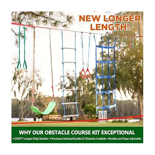  65FT Ninja Warrior Obstacle Course for Kids - Double Longest Slacklines with 10 Most Complete Accessories for Kids, Swing, Trapeze Swing, Rope Ladder, Obstacle Net Plus 1.2M Arm Trainer