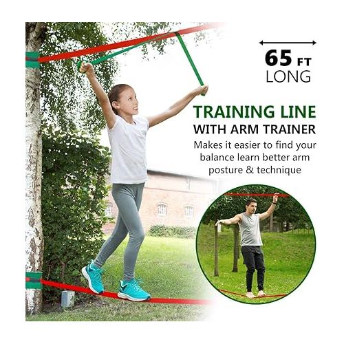  65FT Ninja Warrior Obstacle Course for Kids - Double Longest Slacklines with 10 Most Complete Accessories for Kids, Swing, Trapeze Swing, Rope Ladder, Obstacle Net Plus 1.2M Arm Trainer