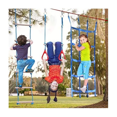  65FT Ninja Warrior Obstacle Course for Kids - Double Longest Slacklines with 10 Most Complete Accessories for Kids, Swing, Trapeze Swing, Rope Ladder, Obstacle Net Plus 1.2M Arm Trainer