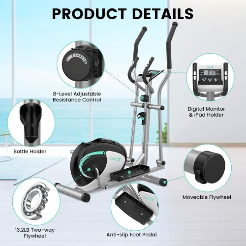  Dripex Elliptical Machine Cross Trainer, 8 Level Ultra Quiet Magnetic Resistance Elliptical Training Machines for Home Use w/ 6KG Flywheel, Pulse Rate Grips, LCD Monitor, iPad & Bo